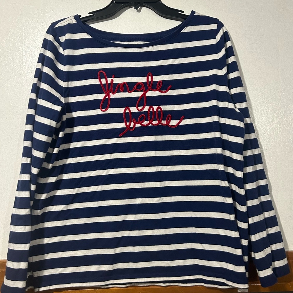 Talbots Navy and White Striped Top with Red Embroidery